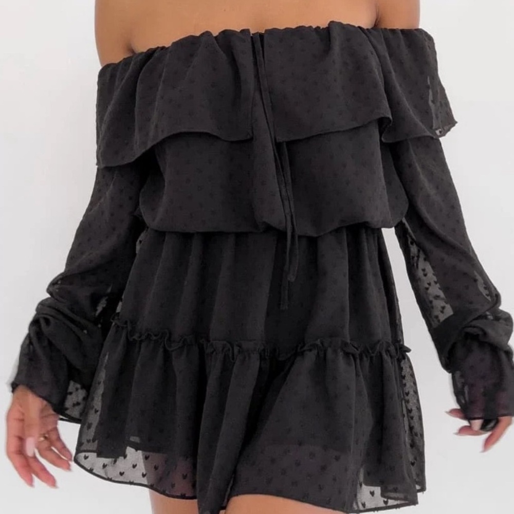 Rumored Senorita Off Shoulder Black Long Sleeve Ruffle Mini Dress Large New